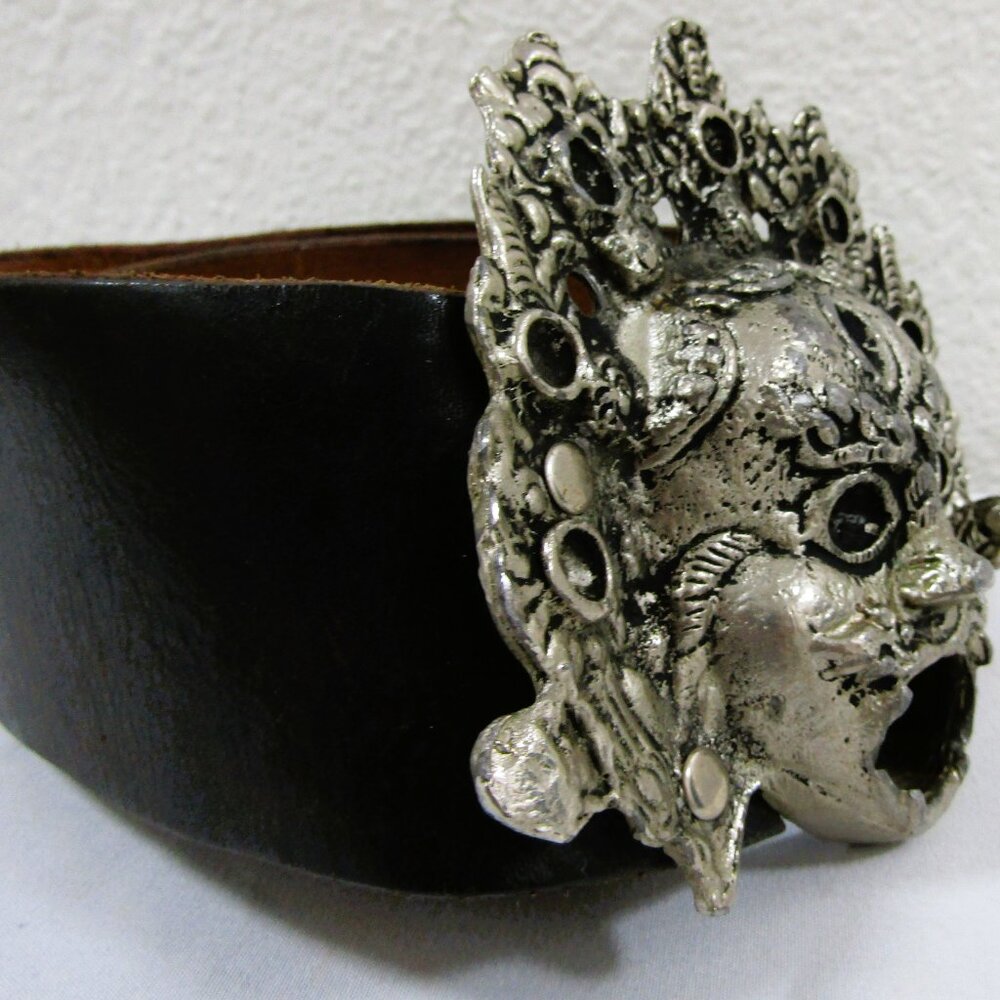 1980 José Cotel Signed Paris France Large Aztec Mask Buckle Wide Leather Belt - Picture 3 of 8